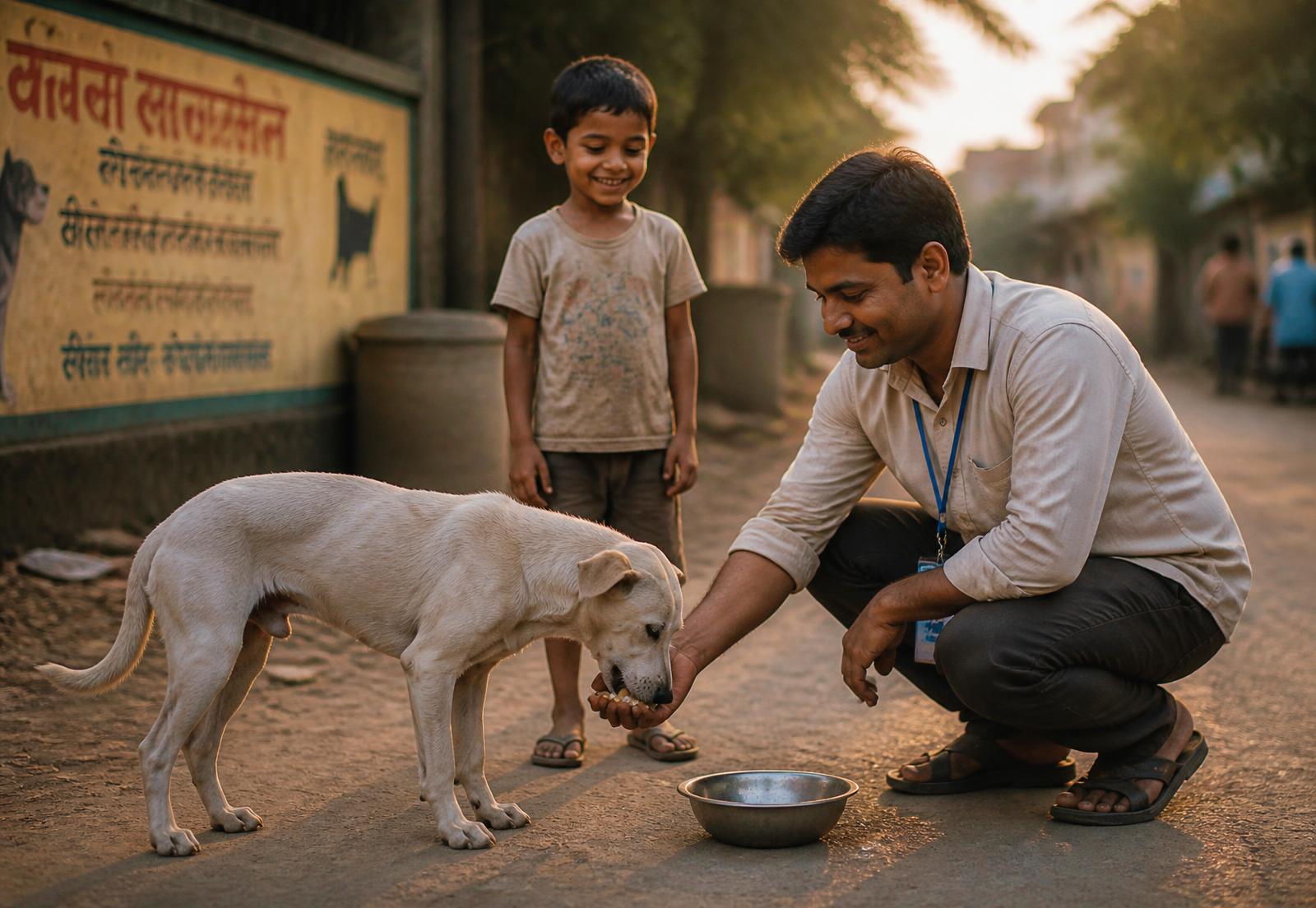 A Peace Care volunteer feeding a street dog with a child nearby